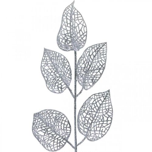 položky Umělé rostliny, ozdoba větví, deko list stříbrný třpyt L36cm 10ks