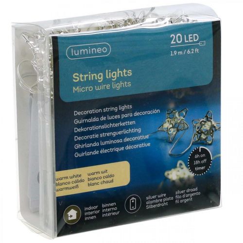 položky LED světelný řetěz hvězdy micro LED časovač uvnitř stříbrné 1,90m