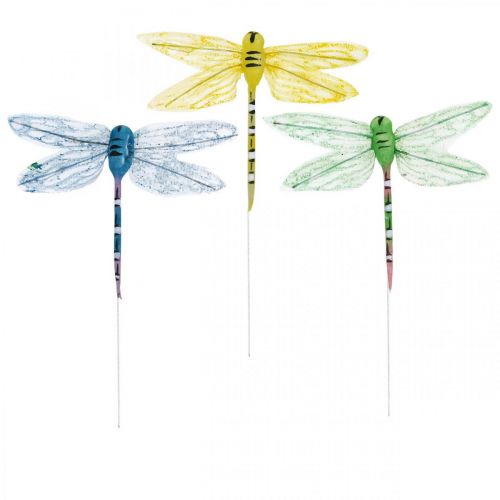 Floristik24 Letní dekorace, vážky na drátě, dekorativní hmyz žlutá, zelená, modrá š10,5cm 6ks