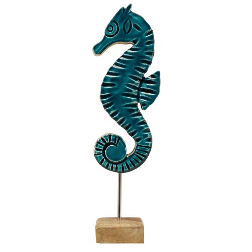 Námořní dekorace mořský koník na stojanu mangové dřevo tyrkysová 29cm