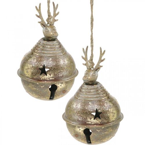 Kovové zvonky s ozdobou sobů, adventní dekorace, vánoční zvoneček s hvězdičkami, zlaté zvonečky starožitný vzhled Ø9cm V14cm 2 kusy