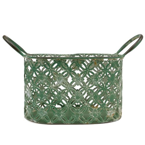 Floristik24 Kovový oválný košík s uchem 25cm x 16,5cm V21cm Zelený