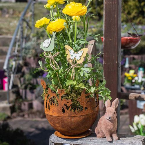 Floristik24 Kovová miska s králíčky, velikonoční dekorace, květináč na sázení patiny Ø18cm V19,5cm