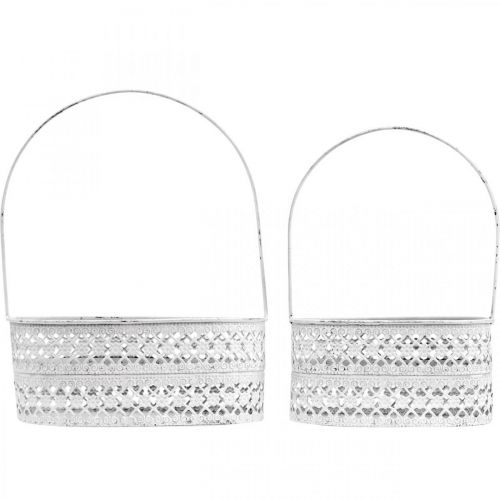 Floristik24 Kovový koš oválný, dekorativní nádoba na výsadbu bílá, stříbrná vintage vzhled L17 / 22cm H25 / 28cm sada 2 ks