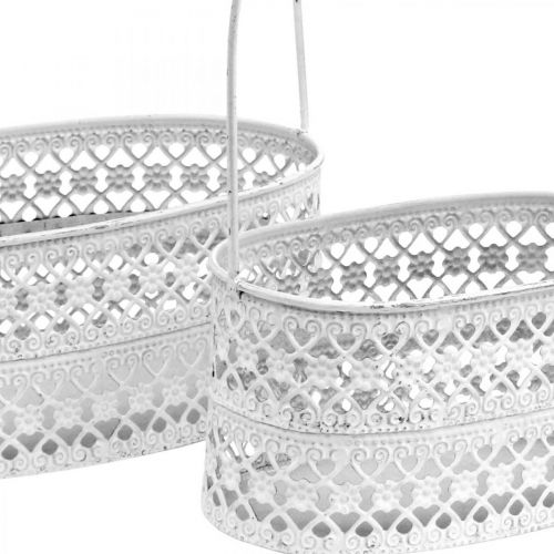 Floristik24 Kovový koš oválný, dekorativní nádoba na výsadbu bílá, stříbrná vintage vzhled L17 / 22cm H25 / 28cm sada 2 ks