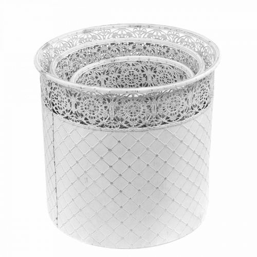položky Květináč s krajkovým vzorem, kovová nádoba, ozdobné vědro bílé, stříbrné shabby chic V28/25,5/23,5 cm Ø29,5/25,5/20 cm sada 3ks