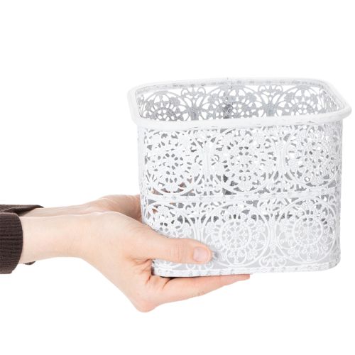 položky Kovové misky s krajkovým vzorem, dekorativní nádoba, čtvercové, shabby chic, bílé, 27/23/19 cm, V 13,5 cm, sada 3 kusů