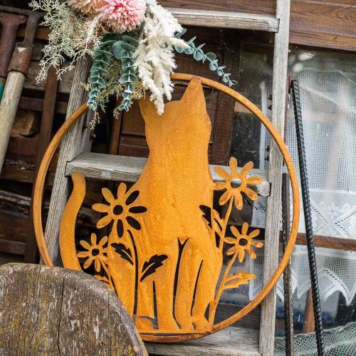 Floristik24 Plechová cedule patina kočka s květinami Ø38cm