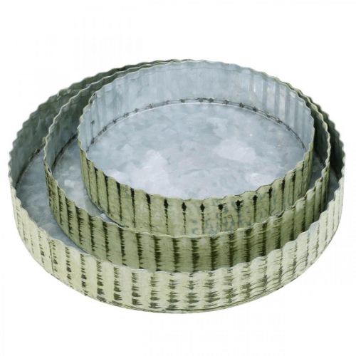 položky Kovové talíře na zdobení, dekorace na stůl, podnos na svíčky kulatý stříbrný, zelený shabby chic Ø14/16,5/19,5 cm V3,5 cm sada 3 ks