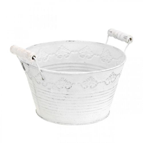 Reliéfní květináč, dekorativní miska s dřevěnými uchy, kovový květináč bílý, stříbrný Ø18,5cm V12cm Š22cm