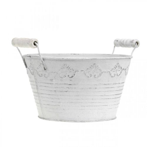 Floristik24 Reliéfní květináč, dekorativní miska s dřevěnými uchy, kovový květináč bílý, stříbrný Ø18,5cm V12cm Š22cm