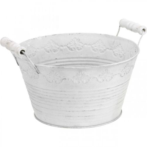 Kovová nádoba, ozdobná miska se vzorem, květináč s dřevěnými uchy bílá, stříbrná Ø21,5cm V14,5cm Š24,5cm