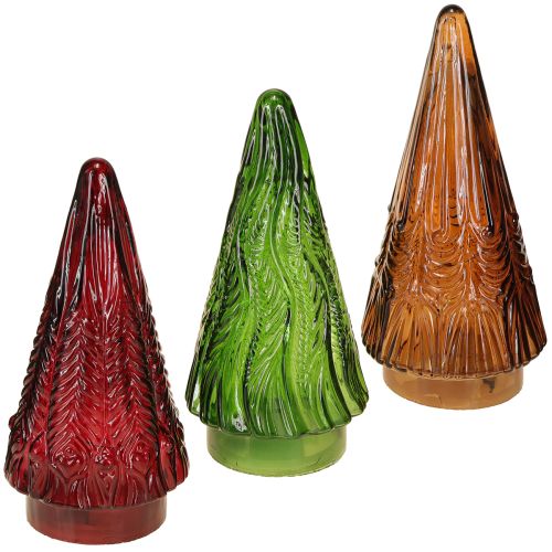 Floristik24 Mini skleněný vánoční stromeček LED červená zelená hnědá 18cm 3 ks