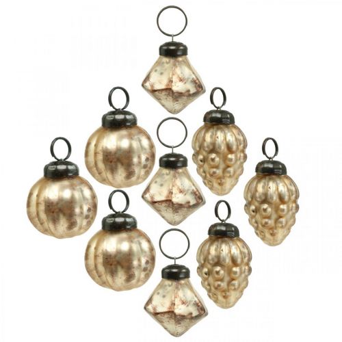Floristik24 Mini skleněná koule mix, diamant / koule / kužel, ozdoby na stromeček, starožitný vzhled Ø3–3,5 cm V4,5–5,5 cm 9ks