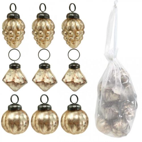 Floristik24 Mini skleněná koule mix, diamant / koule / kužel, ozdoby na stromeček, starožitný vzhled Ø3–3,5 cm V4,5–5,5 cm 9ks