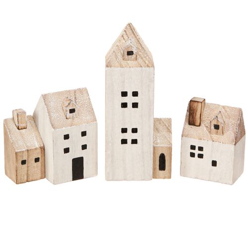 Mini vánoční vesnička dřevěná dekorace bílá přírodní V13/7cm 6 ks