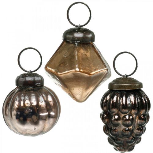položky Mini vánoční koule, diamant / koule / kužel, mix skleněných přívěsků, starožitný vzhled Ø3–3,5 cm V4,5–5,5 cm 9ks