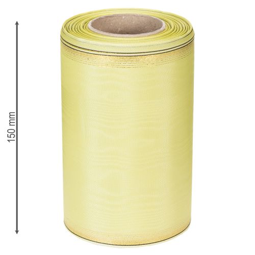 položky Věnečková stuha Moiré 150 mm 25 m ve světle zelené barvě se zlatým okrajem pro floristiku a dekoraci