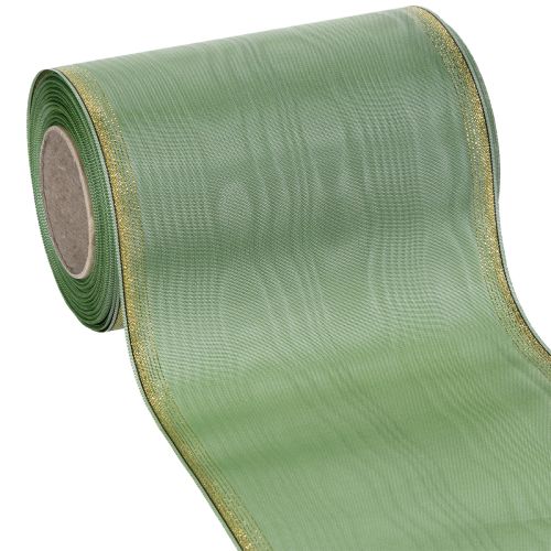 Floristik24 Věnečková stuha Moiré šalvějově zelená se zlatým okrajem, 150 mm x 25 m, ozdobná stuha na květinářství a věnce
