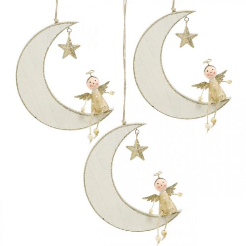 Adventní dekorace, anděl na měsíci, dřevěná dekorace na zavěšení bílá, zlatá V14,5cm Š21,5cm 3ks