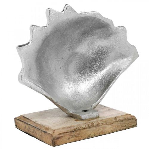 položky Mušle k zasazení, námořní kovová dekorace s dřevěným základem stříbrná, přírodní 16 × 19 cm