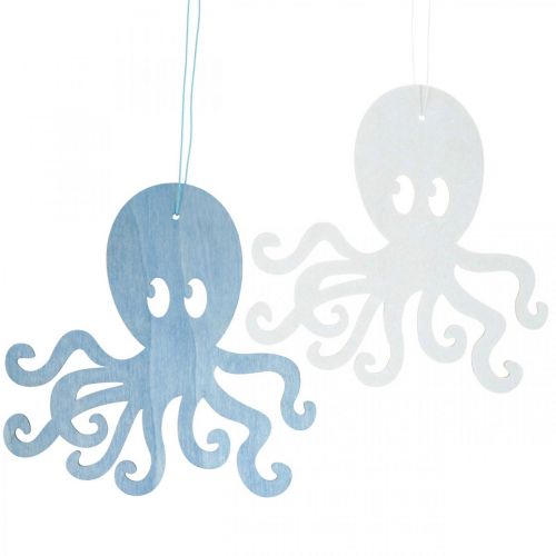 Floristik24 Chobotnice k zavěšení modrá, bílá dřevěná chobotnice Námořní letní dekorace 8ks