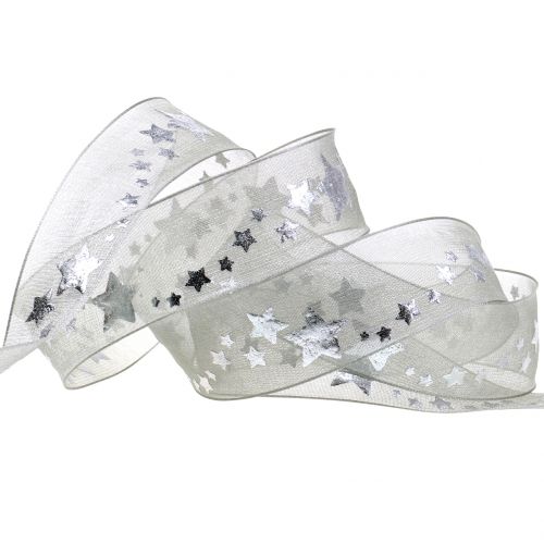 Floristik24 Deko stuha organza s motivem hvězd šedá 25mm 20m
