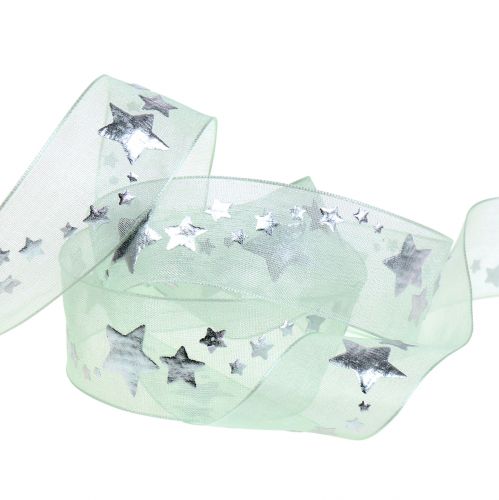 Floristik24 Ozdobná stuha organza s motivem hvězd světle zelená 25mm 20m