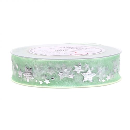 Floristik24 Ozdobná stuha organza s motivem hvězd světle zelená 25mm 20m
