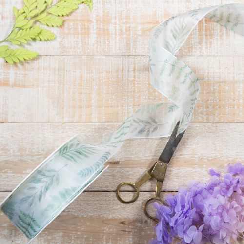 položky Organzová stuha, šifonová stuha, listnaté větvičky, zelená, 40mm, 15m