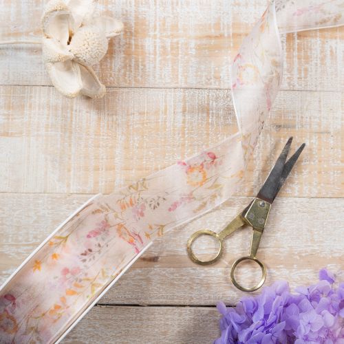 položky Organzová stuha, šifonová stuha, květinový vzor, oranžová/růžová, 40 mm, 15 m