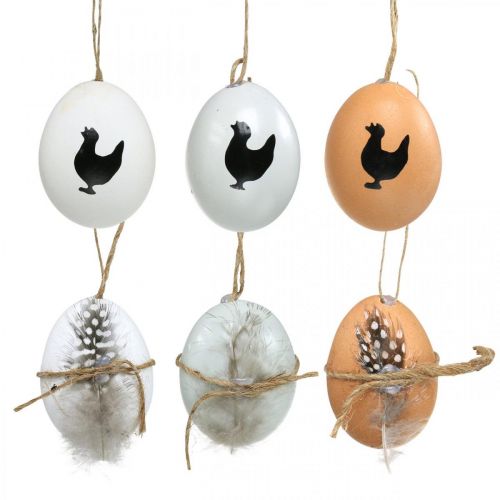 Floristik24 Velikonoční dekorace, slepičí vajíčka na zavěšení, ozdobná vajíčka peříčka a kuře, hnědá, modrá, bílá sada 6 ks