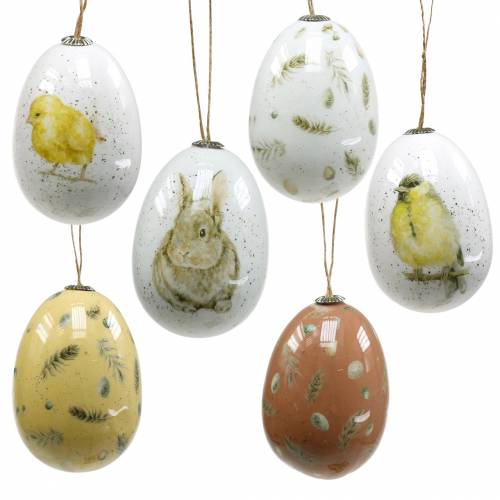 Floristik24 Velikonoční dekorace na zavěšení s motivy kraslic bílá, žlutá, hnědá sortiment 6 kusů