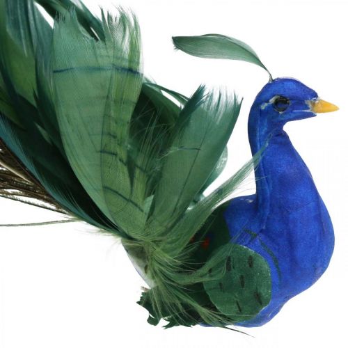 položky Ráj, páv na svorku, ptáček z peříčka, ptačí dekorace modrá, zelená, barevná V8,5 L29cm