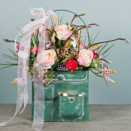 položky Květinová taška s uchem kovová zelená, bílá praná H30cm