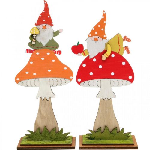 položky Muchomůrka na podzim, dřevěná dekorace, trpaslík na houbě oranžová / červená H21 / 19,5cm 4ks