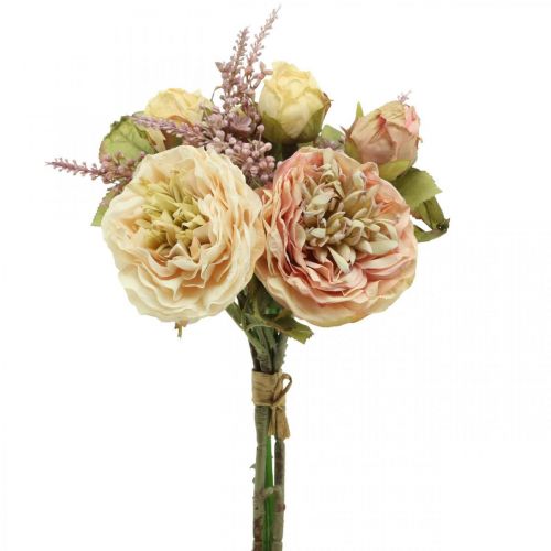 Umělé květiny růže v kytici podzimní krémová, růžová V36cm