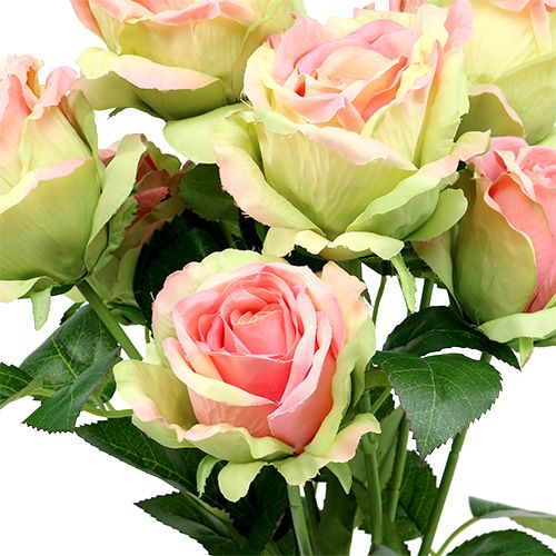 Umělá růže keř zelený, růžový 55cm