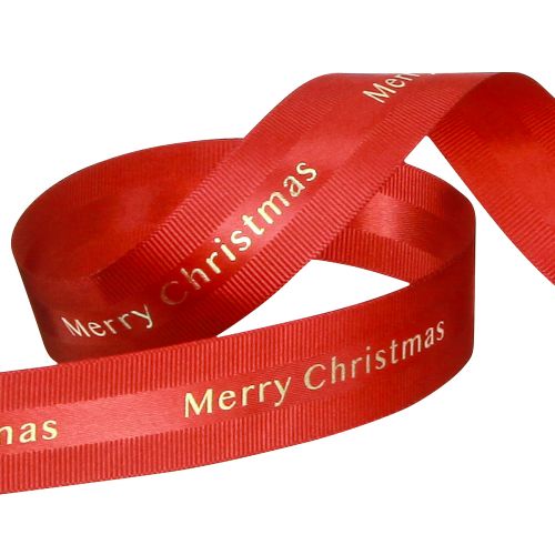 položky Červená vánoční stuha se zlatým nápisem &#39;Merry Christmas&#39;, šířka 25mm, délka 20m