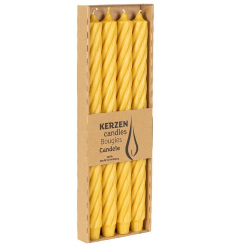 Rustikální svíčky Twist, vysoké kuželové svíčky, jednolitá žlutá, 350/28 mm, 4 kusy | Floristik24.cz