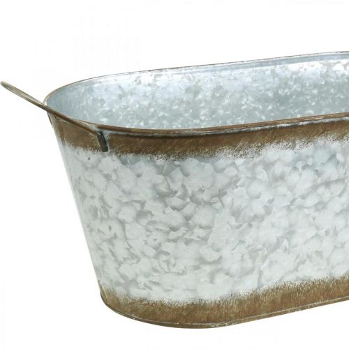 Floristik24 Kovová nádoba na výsadbu, vana na rostliny s uchy, stříbrná miska na květiny, patina L45cm H17,5cm