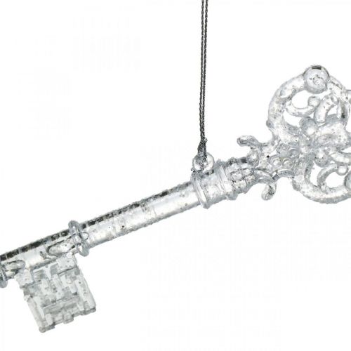 položky Klíč na ozdobu vánočního stromku, adventní, přívěšek na stromeček s třpytkami transparentní / stříbrná L14,5cm plast 12ks