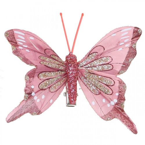 Deco motýlci s klipem, motýlci peří růžoví 4,5–8cm 10ks
