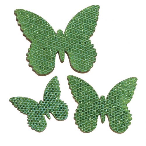 Bodová dekorace motýl zelený třpyt 5/4/3cm 24 ks