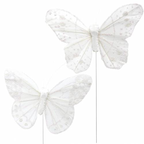 Floristik24 Peříčkový motýlek na drátu bílý se třpytkami 10cm 12ks