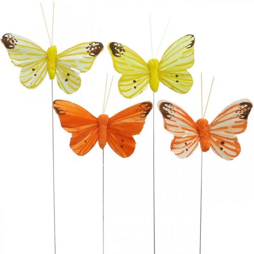 Floristik24 Dekorativní motýlci, zátky, jarní motýli na drátě žlutá, oranžová 4×6,5cm 12ks