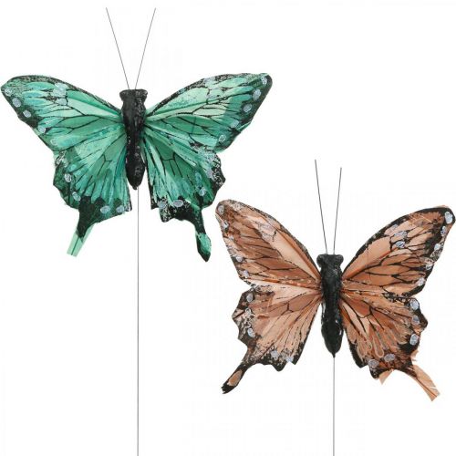 Floristik24 Dekorativní motýli, jarní dekorace, motýlci z peří, zátky rostlin zelené, hnědé 9,5×12,5 cm 12ks