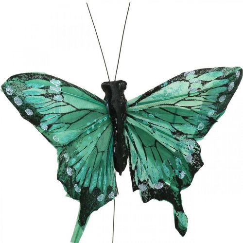 položky Dekorativní motýli, jarní dekorace, motýlci z peří, zátky rostlin zelené, hnědé 9,5×12,5 cm 12ks