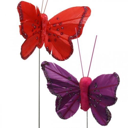 Floristik24 Jarní, peříčkoví motýlci se slídou, ozdobný motýl červený, oranžový, růžový, fialový 4×6,5cm 24 ks