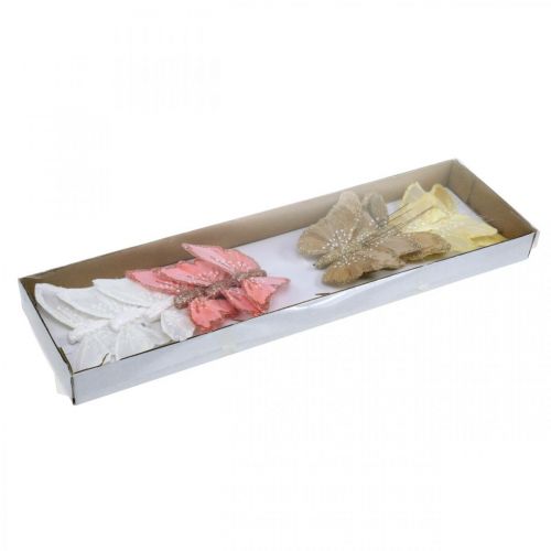 Floristik24 Motýli se slídou, svatební dekorace, ozdobná zátka, pírko motýl žlutá, béžová, růžová, bílá 9,5×12,5cm 12 ks